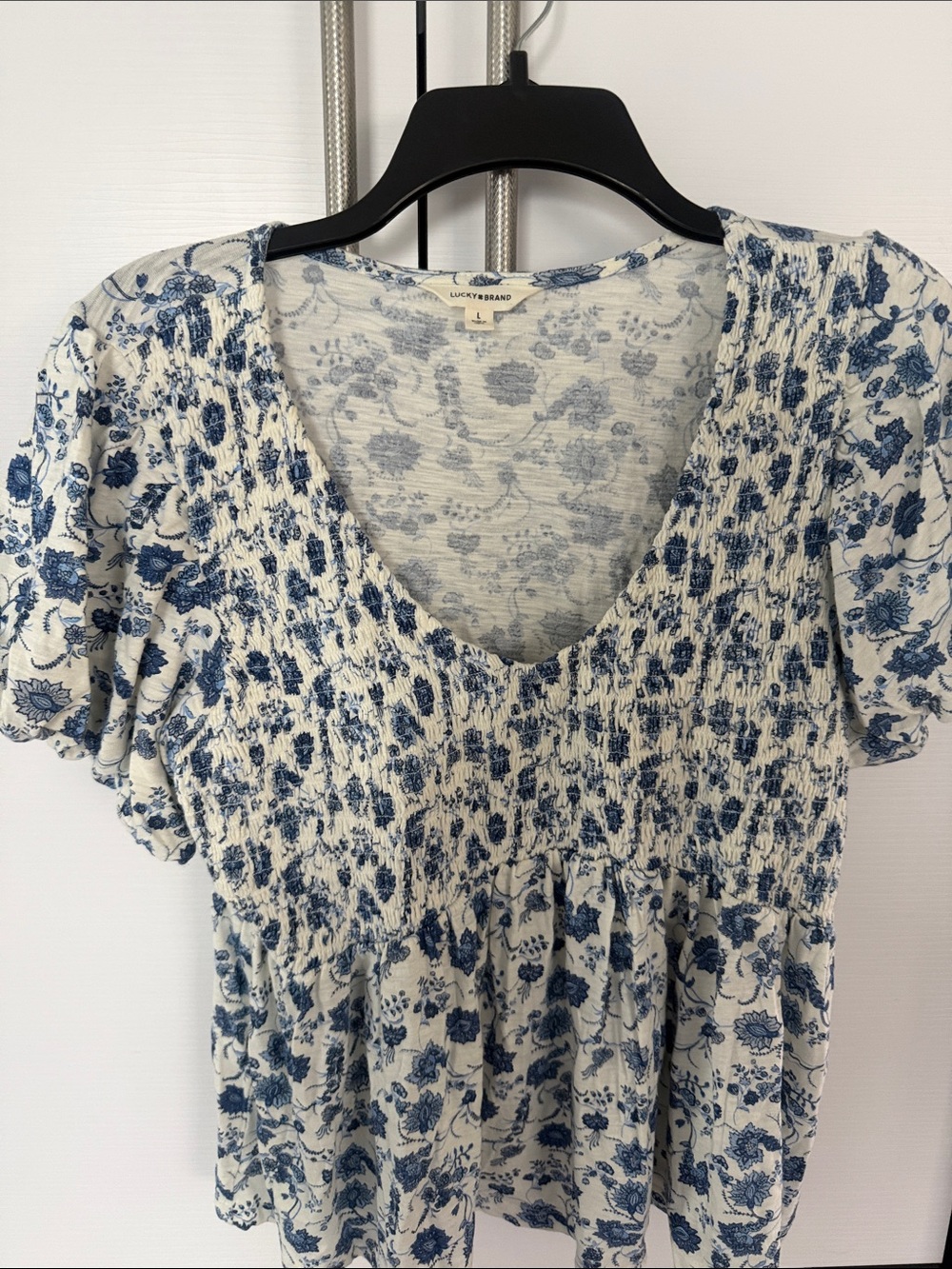 Lucky Brand Cream and Blue Floral Smocked V-Neck Peplum Top